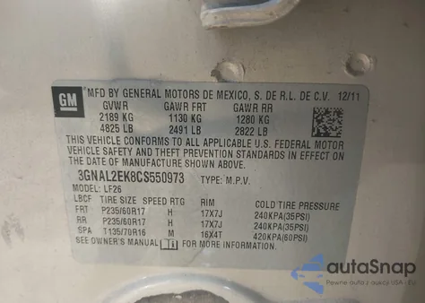 2012 Chevrolet Captiva Sport 2Ls z USA, uszkodzony, nr VIN 3GNAL2EK8CS550973